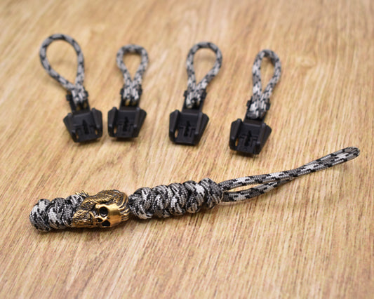 Lanyard and Zipper Pull Combo - Skull with Beard on Grey/White Camo Paracord